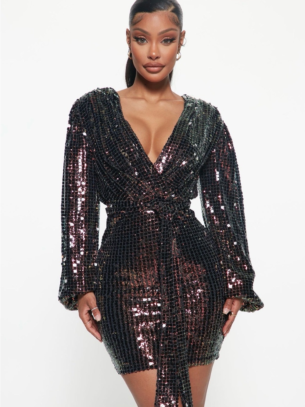 Fashion Nova Black & Pink Sequin Wrap Midi Dress